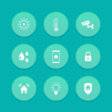 Smart house icons, cctv, security, signalling, light, temperature control ico Stockillustratie