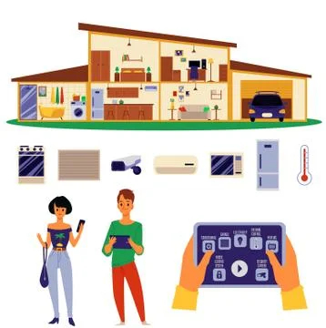 Smart house set - home, electronic appliances, control app and people Stock Illustration