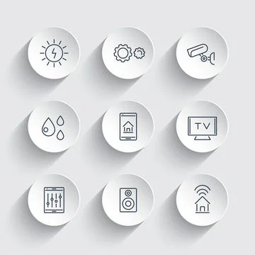 Smart House, smart electronics, internet of things, line icons on round 3d sh Stock Illustration