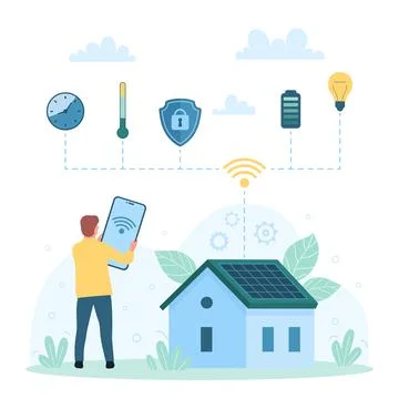 Smart house technology, efficiency of IOT administration, man holding smartphone Stock Illustration