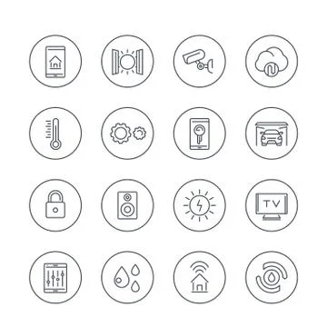Smart house technology system line icons in circles, home automation control  Illustrazione stock