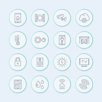 Smart house technology system line icons, home automation control system, sma Illustrazione stock