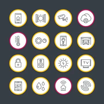 Smart house technology system line icons set, home automation control system, Illustrazione stock