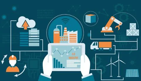 Smart industry 4.0, application, informs the user of all states Stock Illustration