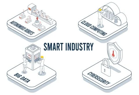 Smart Industry 4.0 transforms manufacturing by combining IoT, AI, cybersecu.. Stock Illustration