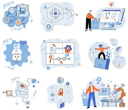 Smart industry. Autonomous systems waltz through corridors innovation, guided by Stock Illustration
