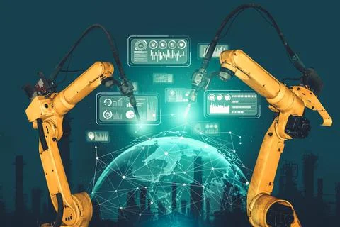 Smart industry robot arms for digital factory production technology Stock Illustration