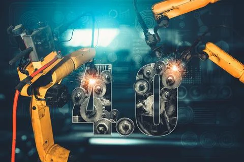 Smart industry robot arms for digital factory production technology Stock Illustration