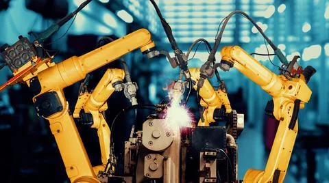 Smart industry robot arms modernization for innovative factory technology Stock Illustration