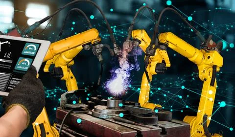 Smart industry robot arms modernization for innovative factory technology Stock Illustration