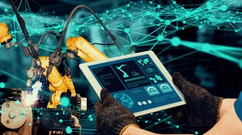 Smart industry robot arms modernization for innovative factory technology Stock Illustration