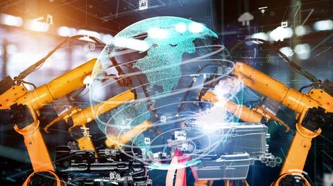 Smart industry robot arms modernization for digital factory tech Illustrazione stock