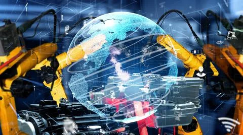 Smart industry robot arms modernization for digital factory tech Illustrazione stock
