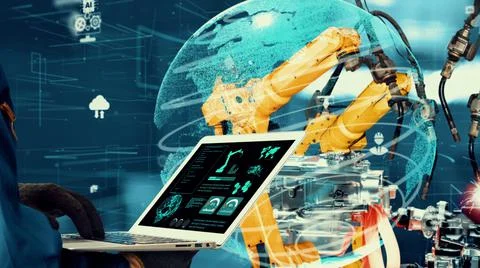 Smart industry robot arms modernization for innovative factory technology Stock Illustration