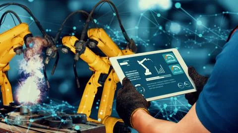 Smart industry robot arms modernization for innovative factory technology Stock Illustration