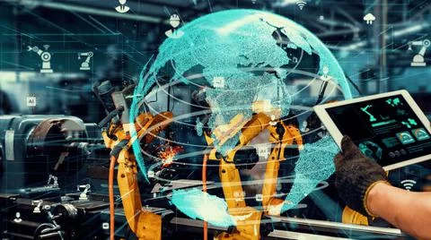 Smart industry robot arms modernization for innovative factory technology Stock Illustration