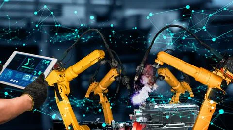 Smart industry robot arms modernization for innovative factory technology Stock Illustration