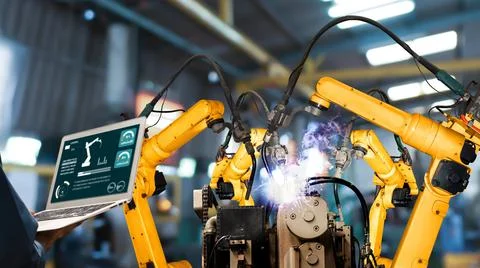 Smart industry robot arms modernization for innovative factory technology Stock Illustration