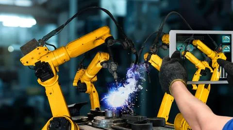 Smart industry robot arms modernization for innovative factory technology Stock Illustration