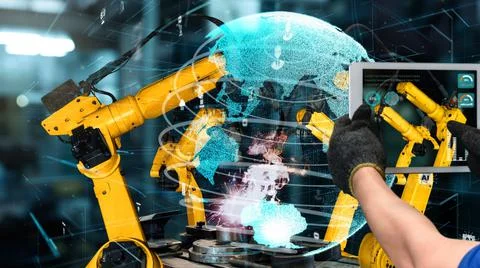 Smart industry robot arms modernization for innovative factory technology Stock Illustration