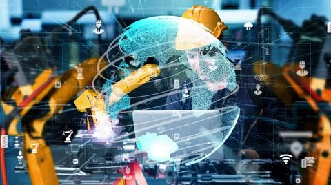 Smart industry robot arms modernization for digital factory tech Stock Photos