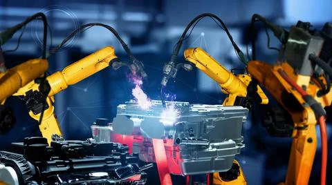Smart industry robot arms modernization for digital factory tech Stock Photos