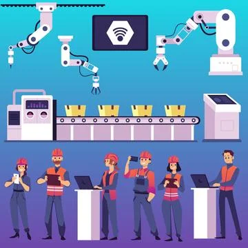 Smart industry workers and robotic equipment, flat vector illustration isolated. Illustrazione stock