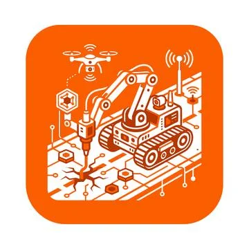 Smart infrastructure repair drone robot with orange lines for digital maint.. Stock Illustration