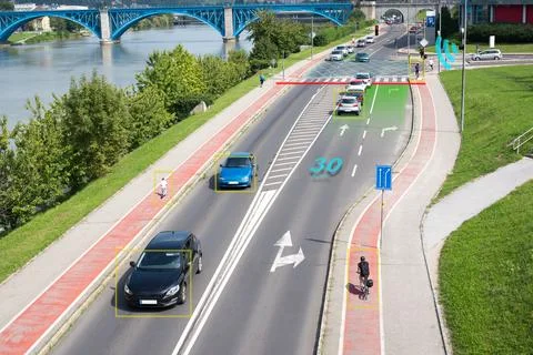 Smart intersection concept in the city monitored by cameras Stock Photos
