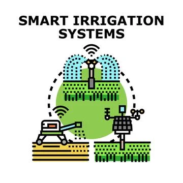 Smart irrigation systems optimizing water distribution on agricultural fields Stock Illustration