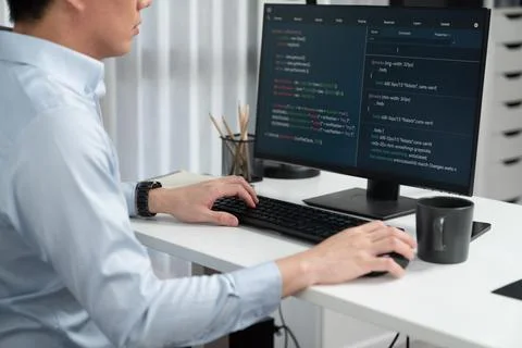 Smart IT developer looking at coding program application on computer. Infobahn. Stock Photos