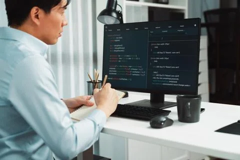 Smart IT developer looking at coding program application on computer. Infobahn. 库存照片