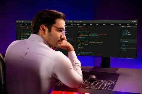 Smart IT working software development screen pose on camera looking. Surmise. Stock Photos