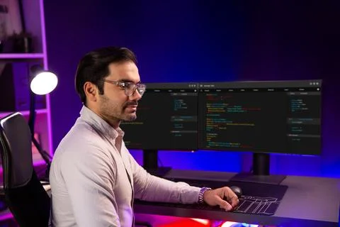 Smart IT working software development screen pose on camera looking. Surmise. 스톡 사진