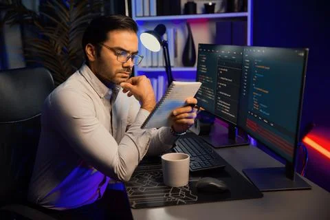 Smart IT working software development coding on pc with reading note. Surmise. 写真素材