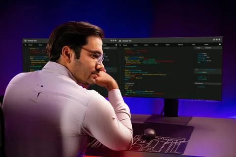 Smart IT working software development screen pose on camera looking. Surmise. 库存照片