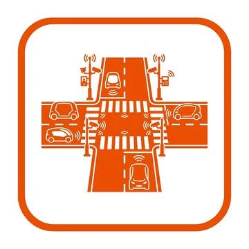 Smart junction intersection sign in orange featuring autonomous connected v.. Stock Illustration