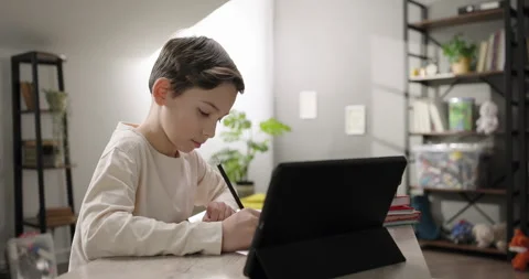 Smart kid boy learning online, watching online learning class, talking with Stock Footage 268050942
