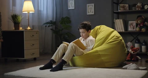 Smart kid boy reading interesting book looking at pictures in the evening at Stock Footage 276845428