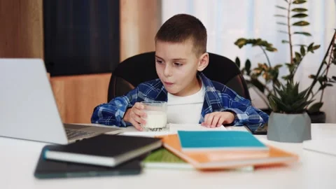 Smart kid drinking milk and typing at laptop during online class at home Stock-Footage 258471494