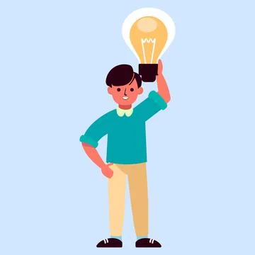 Smart kid having a bright idea. Holding a glowing light bulb in his hand Stock Illustration