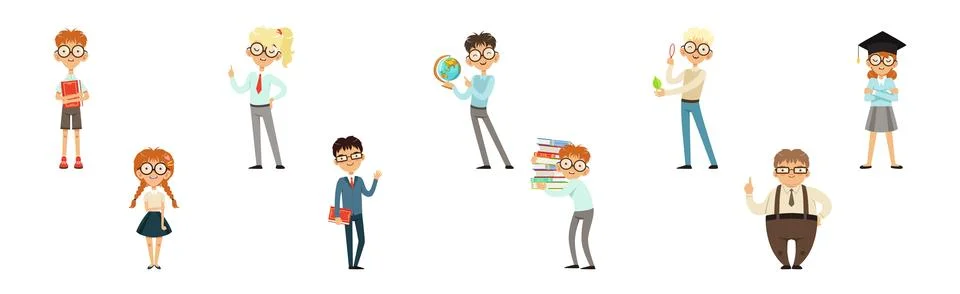 Smart Kid Nerd with Book in Glasses Vector Set Ilustração Stock