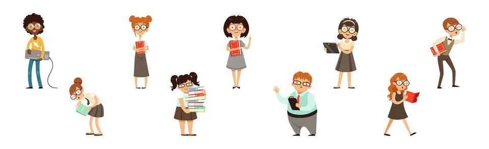 Smart Kid Nerd with Book in Glasses Vector Set Ilustração Stock