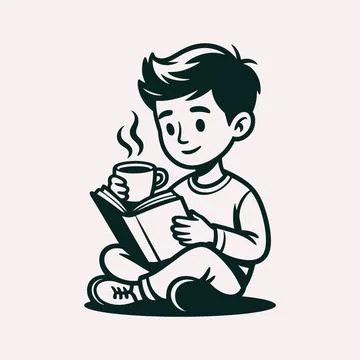 Smart kid reading book coffee lover cartoon character design Stock Illustration