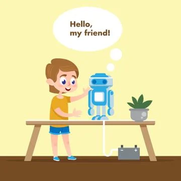 Smart Kid with Talking Robot Model. Flat Cartoon 스톡 일러스트