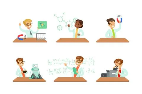 Smart Kids Doing Physics Experiments in Science Lab with Robot and Magnet Vector Stock Illustration