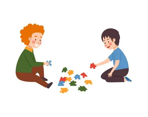 Smart kids solving jigsaw puzzles flat vector illustration on white background. Illustrazione stock