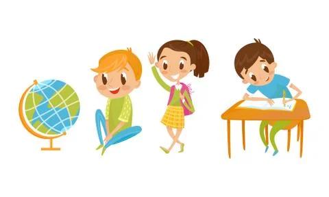 Smart Kids Walking with Backpack, Doing the Math and Watching Globe Vector Set Stock Illustration