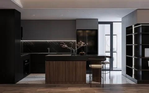 Smart Kitchen interior with smart technology, 3D rendering Stock Photos