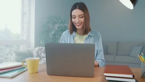 Smart lady ceo sit table use netbook communication boss review in cozy room Stock Footage 166216561